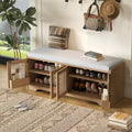 Rustic Storage Wood Shoe Bench Multifunctional with Removable Cushion, Woven Rattan Doors & Adjustable Shelves