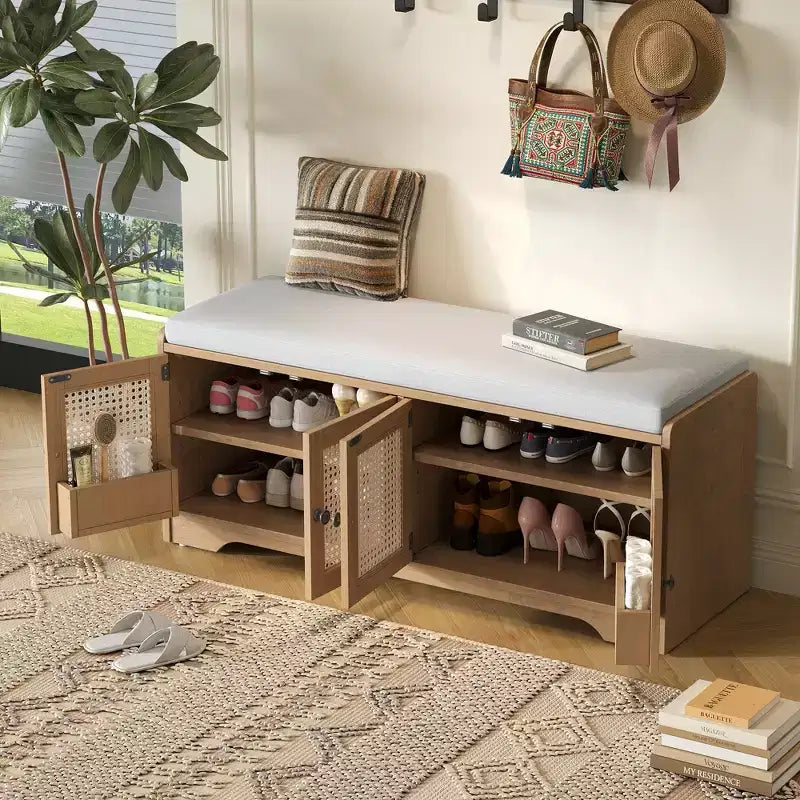 Rustic Storage Wood Shoe Bench Multifunctional with Removable Cushion, Woven Rattan Doors & Adjustable Shelves