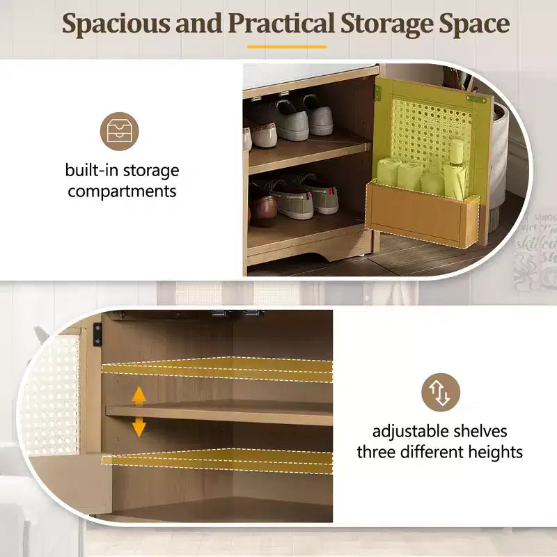 Rustic Storage Wood Shoe Bench Multifunctional with Removable Cushion, Woven Rattan Doors & Adjustable Shelves
