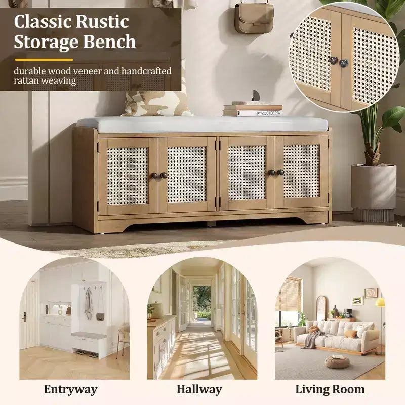 Rustic Storage Wood Shoe Bench Multifunctional with Removable Cushion, Woven Rattan Doors & Adjustable Shelves