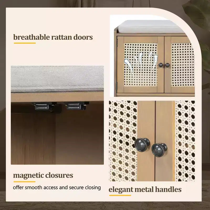 Rustic Storage Wood Shoe Bench Multifunctional with Removable Cushion, Woven Rattan Doors & Adjustable Shelves