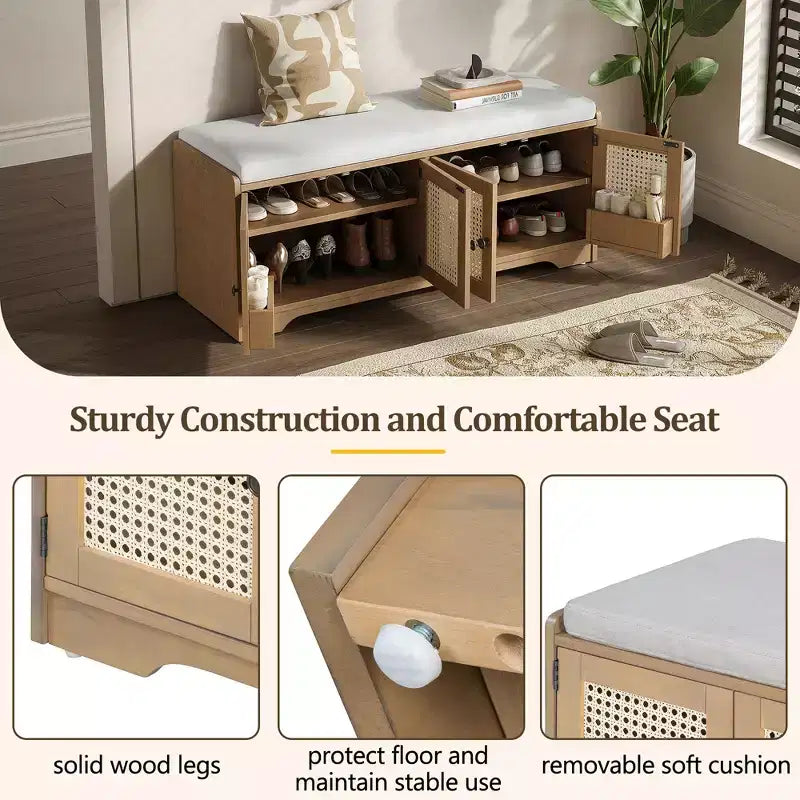 Rustic Storage Wood Shoe Bench Multifunctional with Removable Cushion, Woven Rattan Doors & Adjustable Shelves