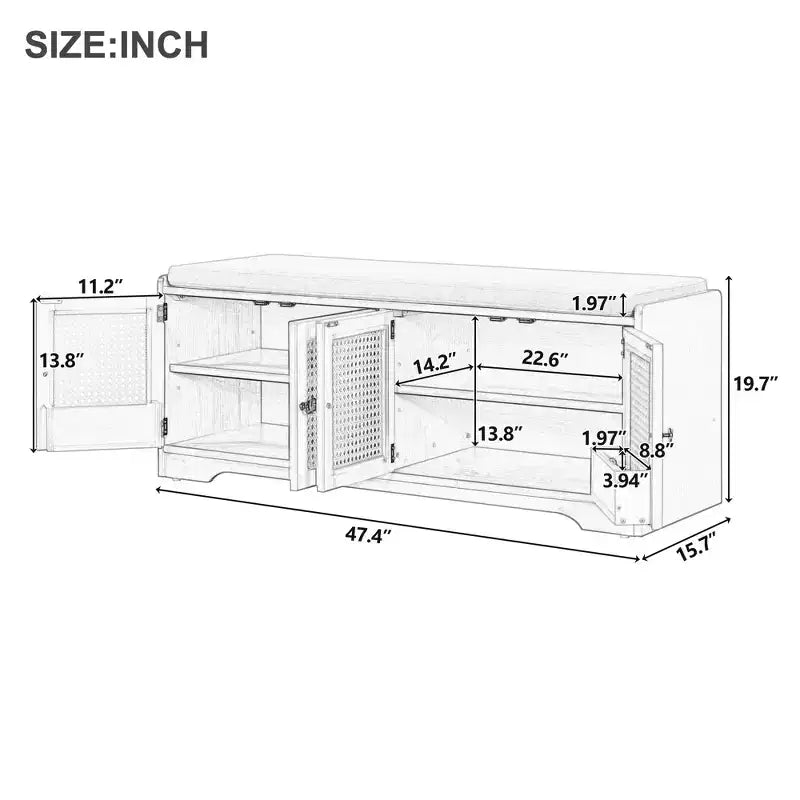 Rustic Storage Wood Shoe Bench Multifunctional with Removable Cushion, Woven Rattan Doors & Adjustable Shelves