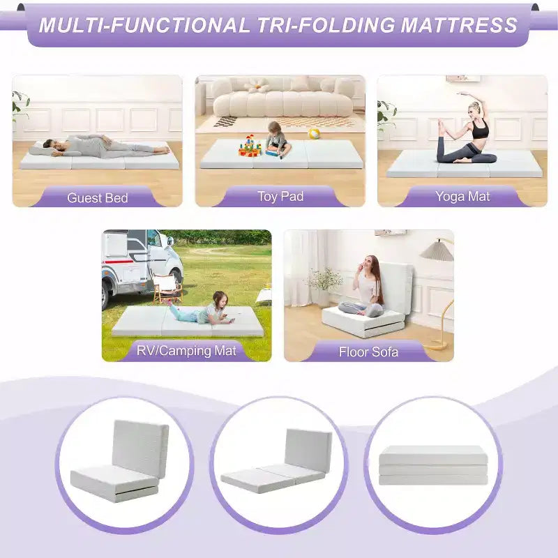 Matelas pliant en mousse à mémoire de forme 3-en-1 | Mousse à double soutien avec housse lavable pour lit d'appoint et lit escamotable