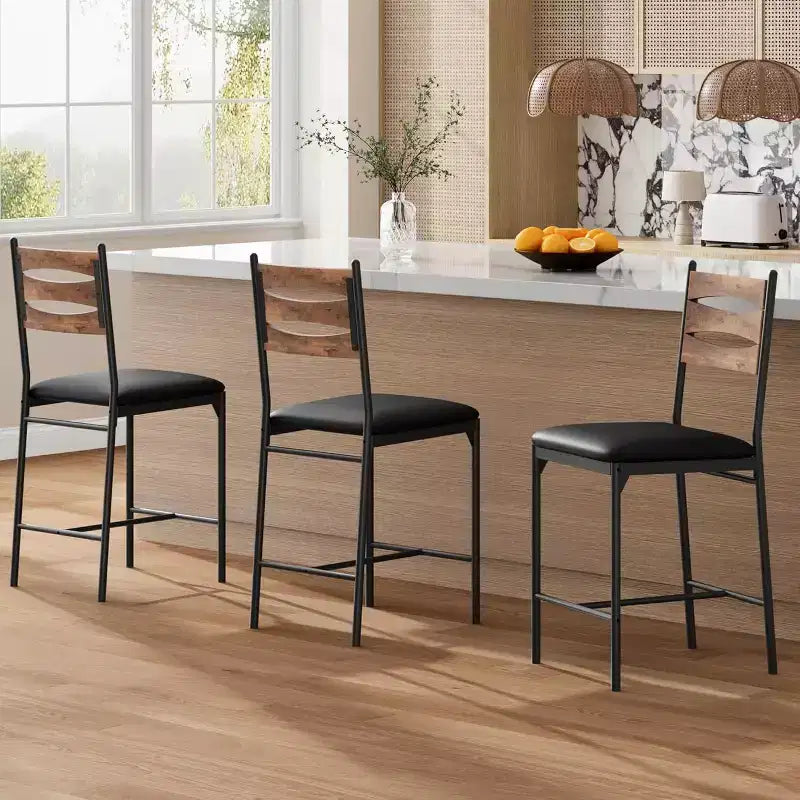 Dining chair set, wooden bar stools with backrest, footrest and thick cushion, suitable for kitchen island.