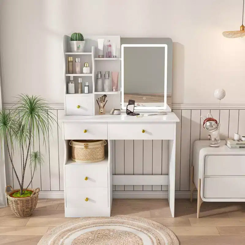 Modern Dressing Table With 5 Drawers, 3-Color LED Touchscreen, and Storage Organizer for Womens and Girls Bedrooms.