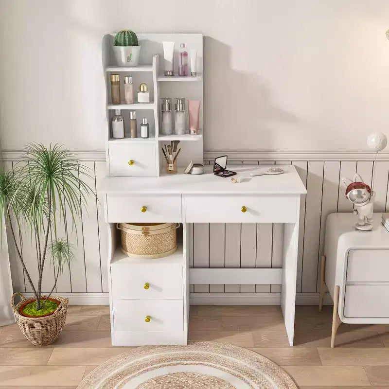 Coiffeuse Moderne avec 5 Tiroirs, Écran Tactile LED 3 Couleurs et Organiseur de Rangement pour Chambres de Femmes et Filles.