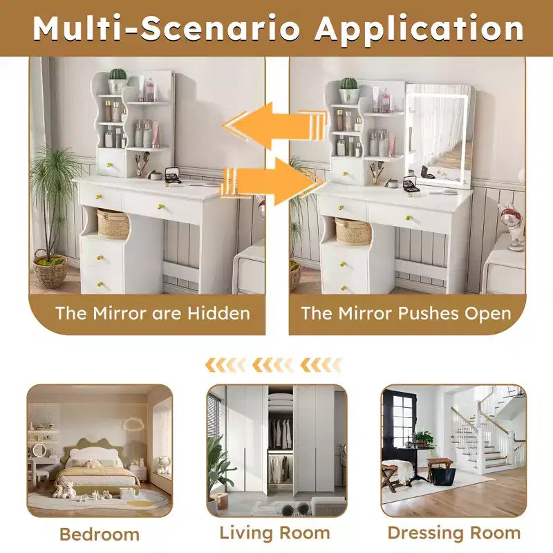 Coiffeuse Moderne avec 5 Tiroirs, Écran Tactile LED 3 Couleurs et Organiseur de Rangement pour Chambres de Femmes et Filles.