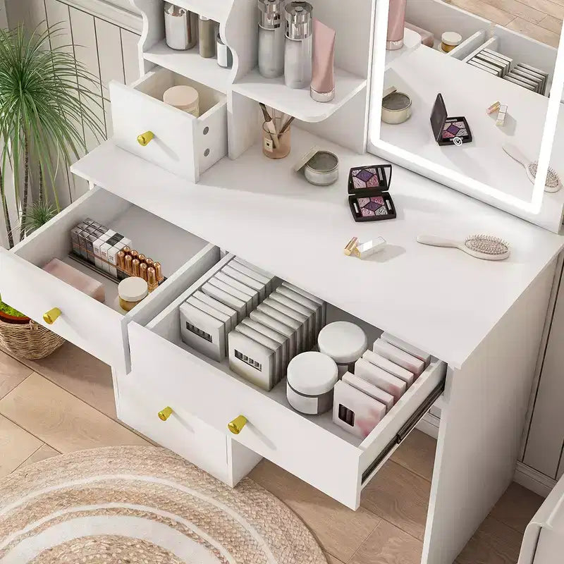 Coiffeuse Moderne avec 5 Tiroirs, Écran Tactile LED 3 Couleurs et Organiseur de Rangement pour Chambres de Femmes et Filles.