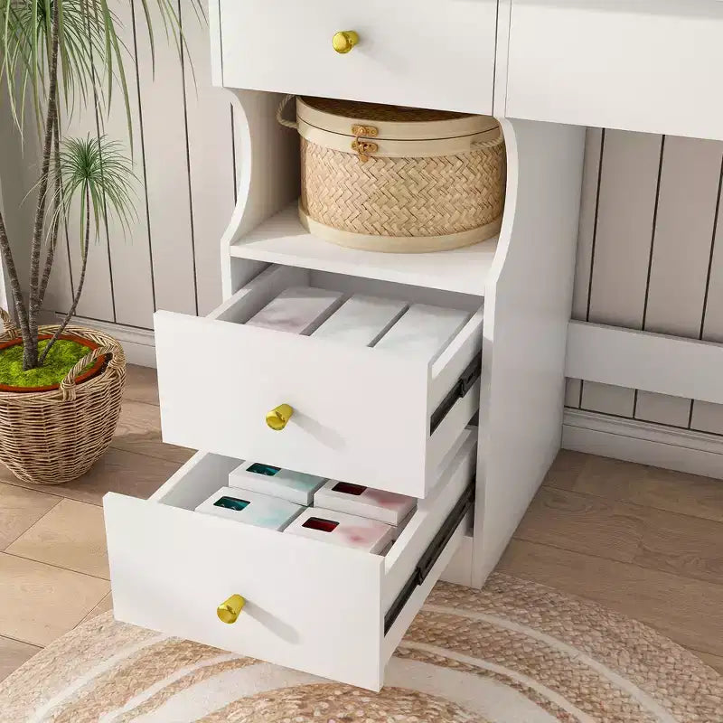 Coiffeuse Moderne avec 5 Tiroirs, Écran Tactile LED 3 Couleurs et Organiseur de Rangement pour Chambres de Femmes et Filles.