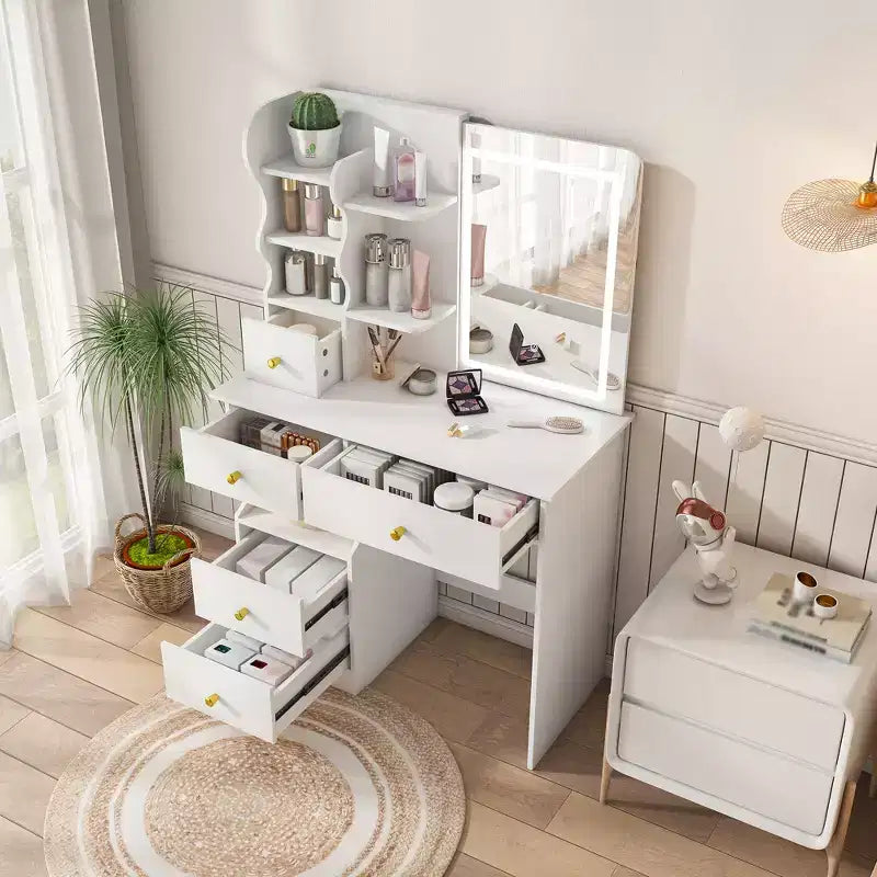 Coiffeuse Moderne avec 5 Tiroirs, Écran Tactile LED 3 Couleurs et Organiseur de Rangement pour Chambres de Femmes et Filles.