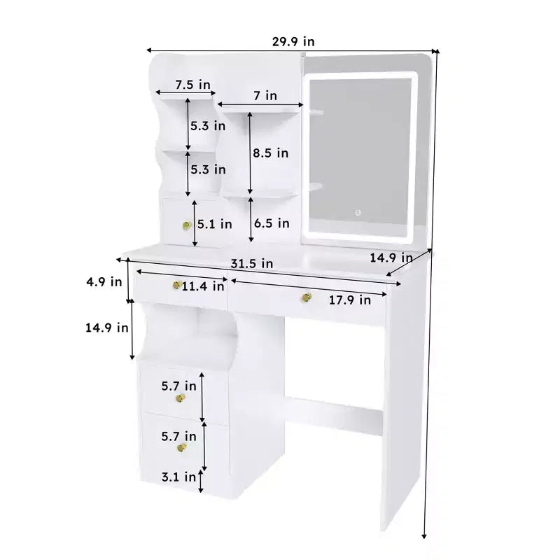 Coiffeuse Moderne avec 5 Tiroirs, Écran Tactile LED 3 Couleurs et Organiseur de Rangement pour Chambres de Femmes et Filles.