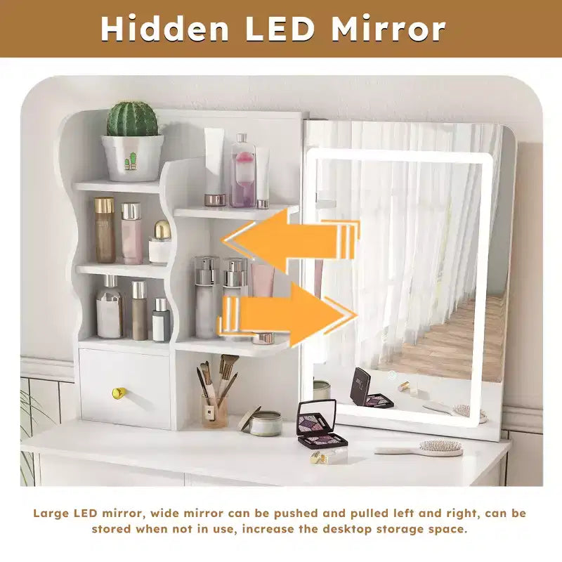 Coiffeuse Moderne avec 5 Tiroirs, Écran Tactile LED 3 Couleurs et Organiseur de Rangement pour Chambres de Femmes et Filles.