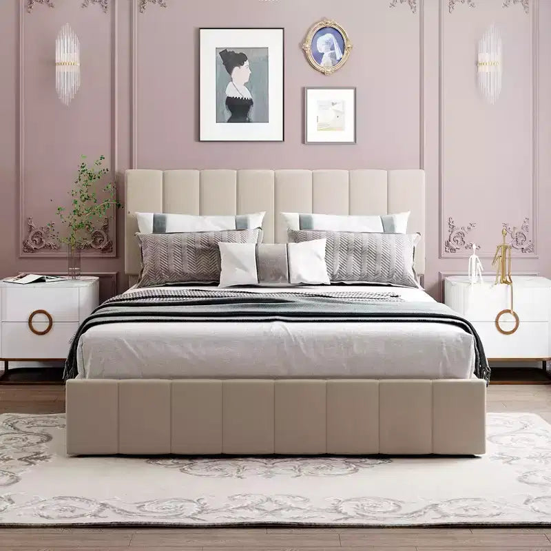 Full/Queen Platform Bed with Hydraulic Storage System, Linen Upholstered Wooden Bed Frame for Bedroom