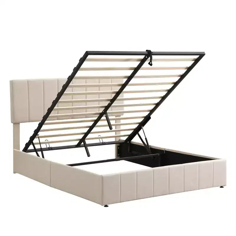 Full/Queen Platform Bed with Hydraulic Storage System, Linen Upholstered Wooden Bed Frame for Bedroom