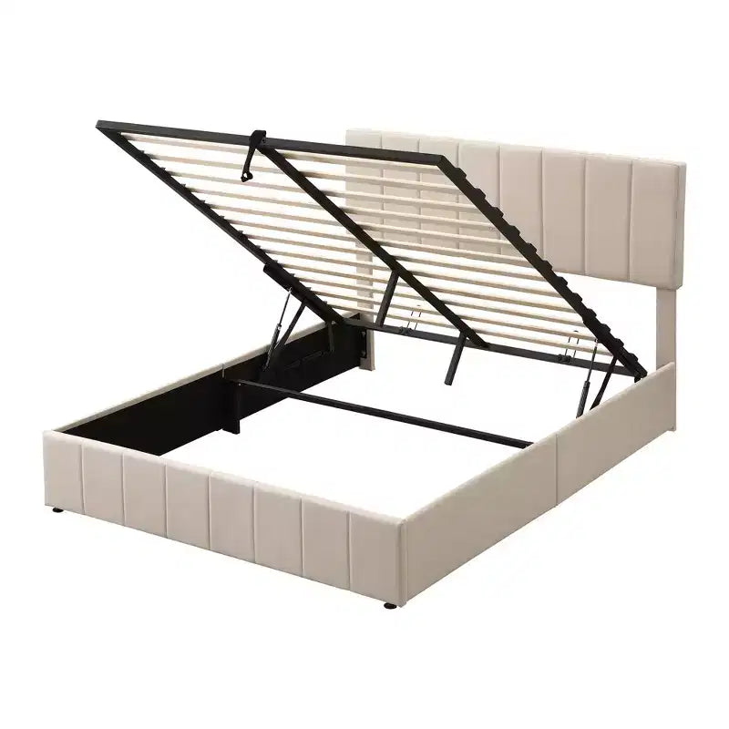 Full/Queen Platform Bed with Hydraulic Storage System, Linen Upholstered Wooden Bed Frame for Bedroom