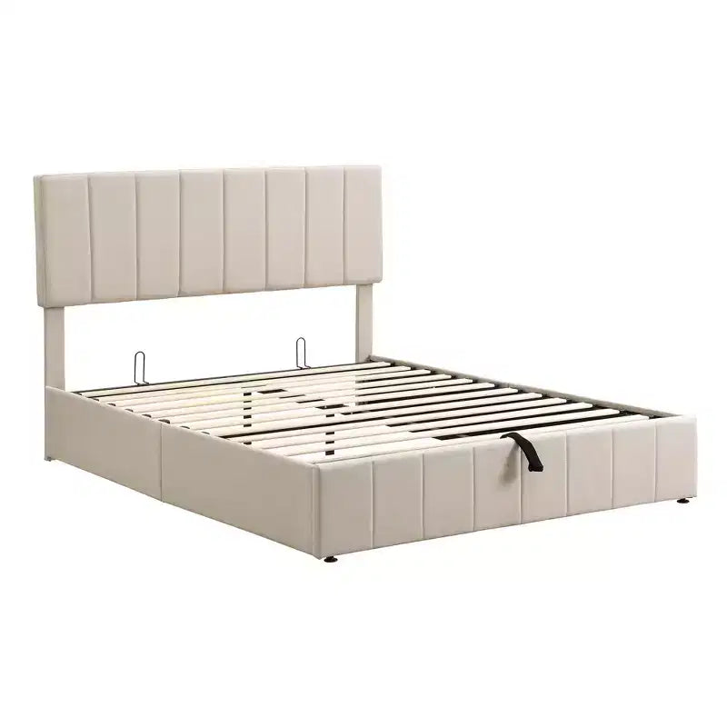 Full/Queen Platform Bed with Hydraulic Storage System, Linen Upholstered Wooden Bed Frame for Bedroom