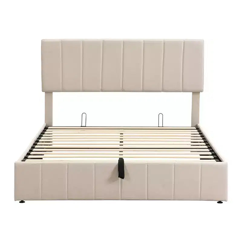 Full/Queen Platform Bed with Hydraulic Storage System, Linen Upholstered Wooden Bed Frame for Bedroom