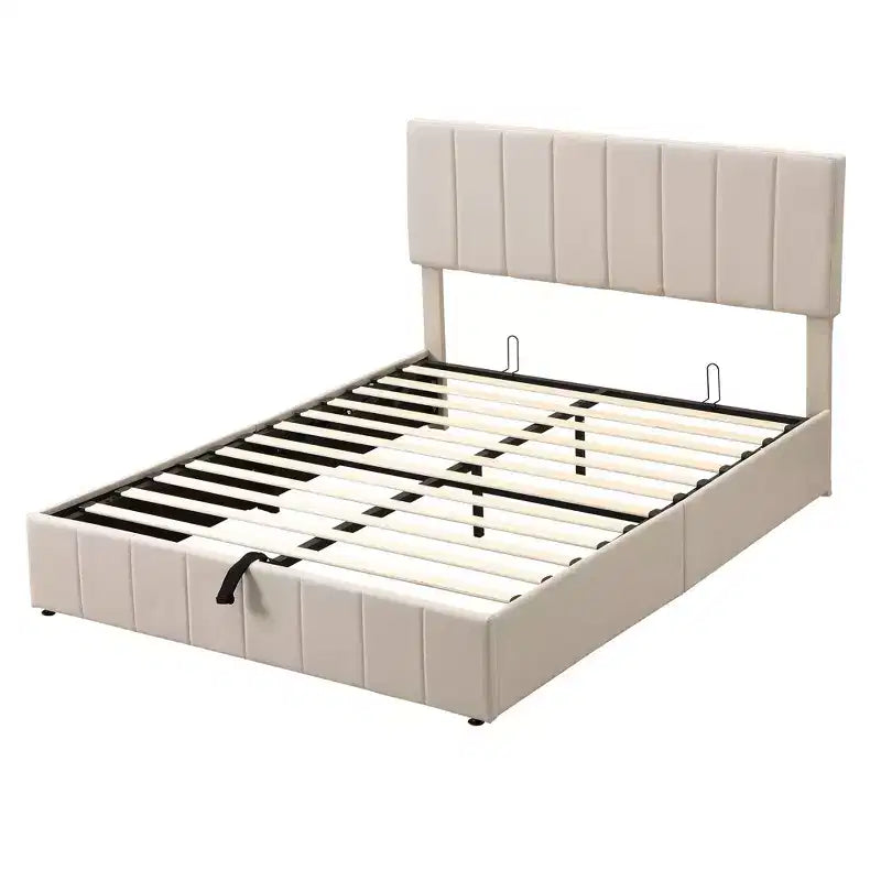 Full/Queen Platform Bed with Hydraulic Storage System, Linen Upholstered Wooden Bed Frame for Bedroom