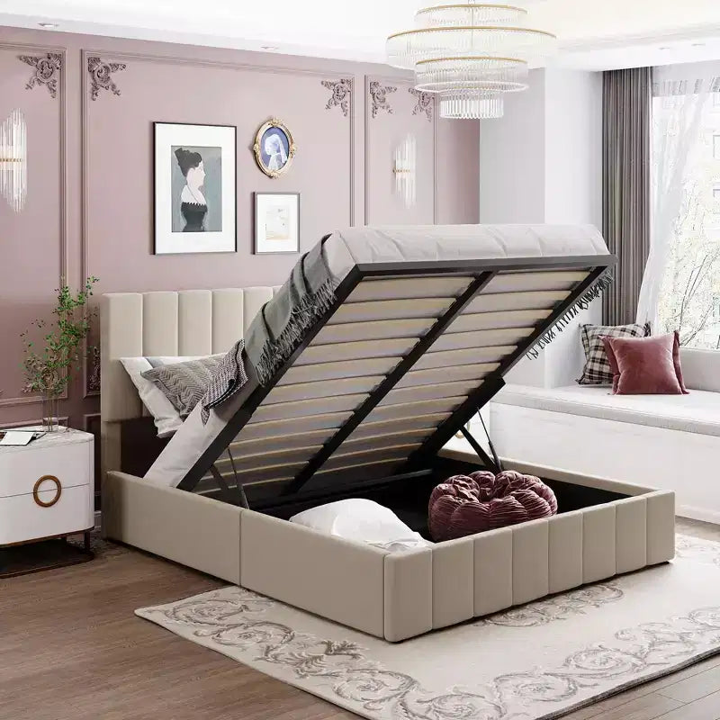 Full/Queen Platform Bed with Hydraulic Storage System, Linen Upholstered Wooden Bed Frame for Bedroom