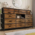 GustoWave Farmhouse Dresser with 14 Fabric Drawers, Rustic Chest of Drawers w/Metal Frame and Wood Top for Bedroom, Living Room - Brown