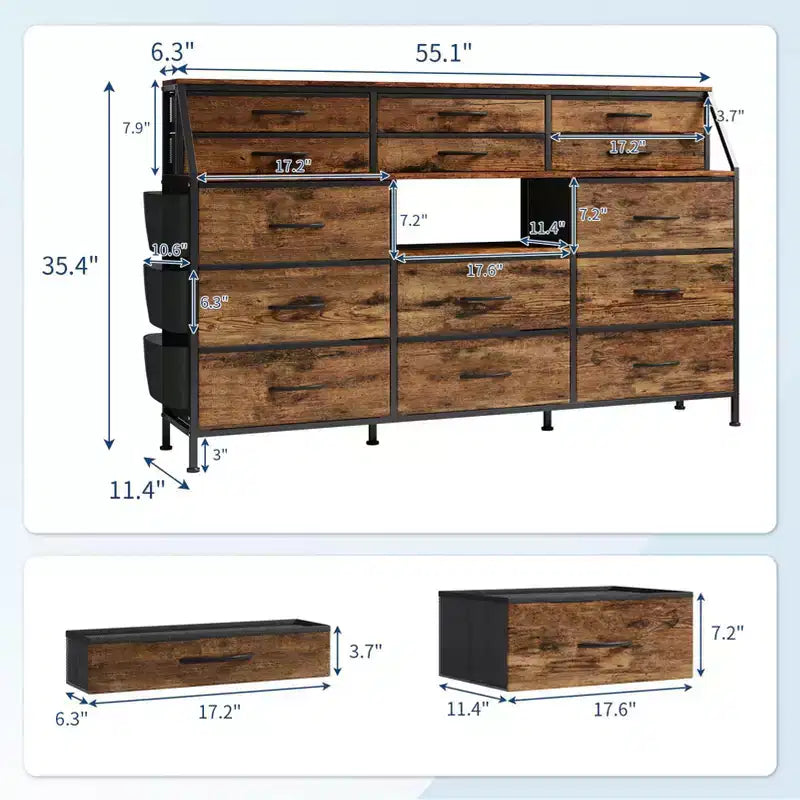 Farmhouse Dresser with 14 Fabric Drawers, Rustic Chest of Drawers w/Metal Frame and Wood Top for Bedroom, Living Room - Brown