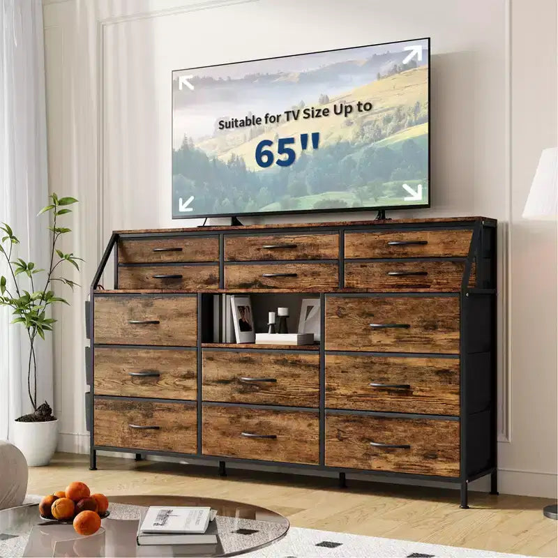 Farmhouse Dresser with 14 Fabric Drawers, Rustic Chest of Drawers w/Metal Frame and Wood Top for Bedroom, Living Room - Brown