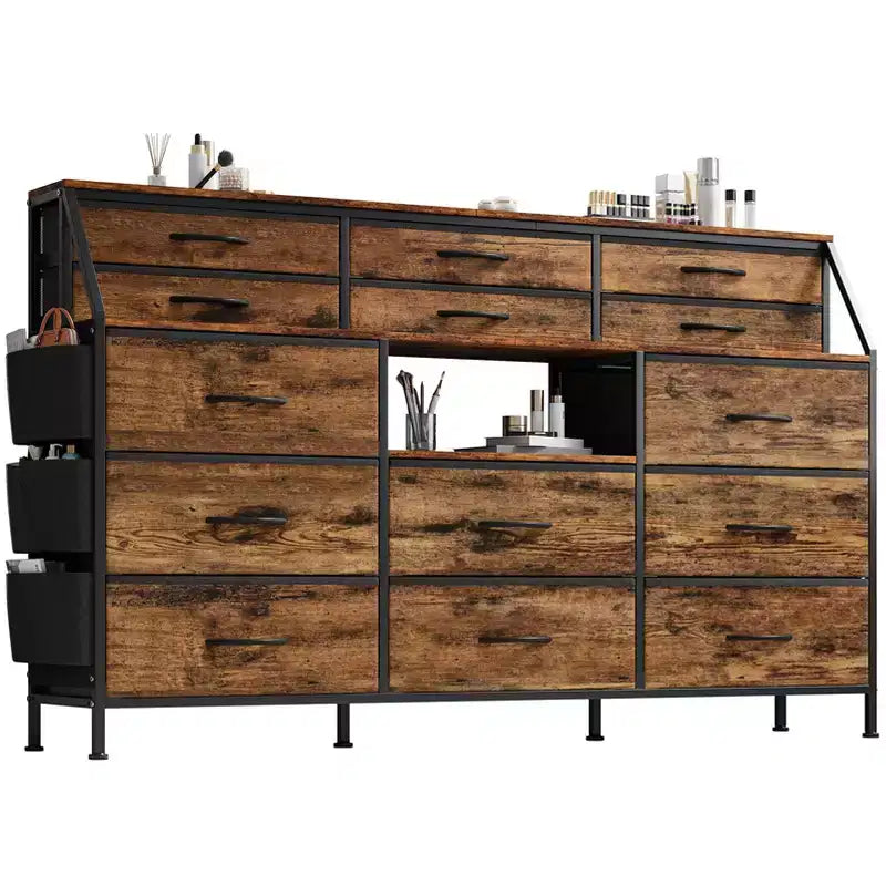 Farmhouse Dresser with 14 Fabric Drawers, Rustic Chest of Drawers w/Metal Frame and Wood Top for Bedroom, Living Room - Brown