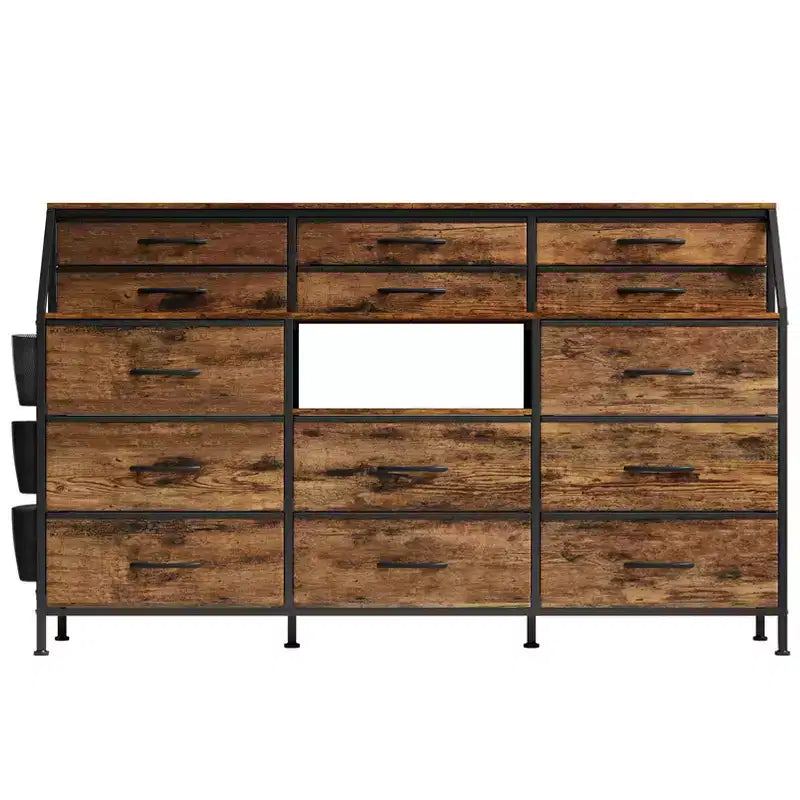 Farmhouse Dresser with 14 Fabric Drawers, Rustic Chest of Drawers w/Metal Frame and Wood Top for Bedroom, Living Room - Brown