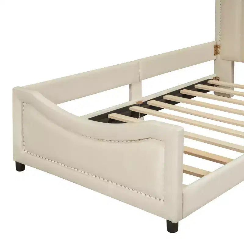 Twin Size Upholstered Daybed with Stripe Shaped Headboard, Velvet Twin Daybed for Bedroom