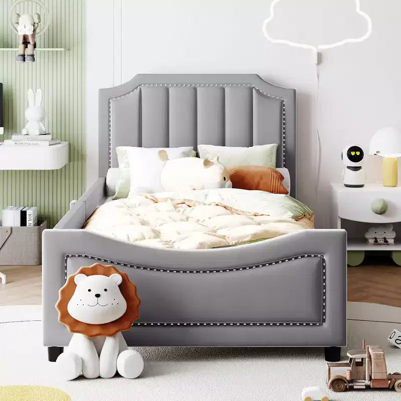 Twin Size Upholstered Daybed with Stripe Shaped Headboard, Velvet Twin Daybed for Bedroom