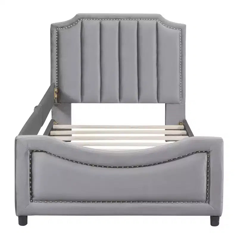 Twin Size Upholstered Daybed with Stripe Shaped Headboard, Velvet Twin Daybed for Bedroom