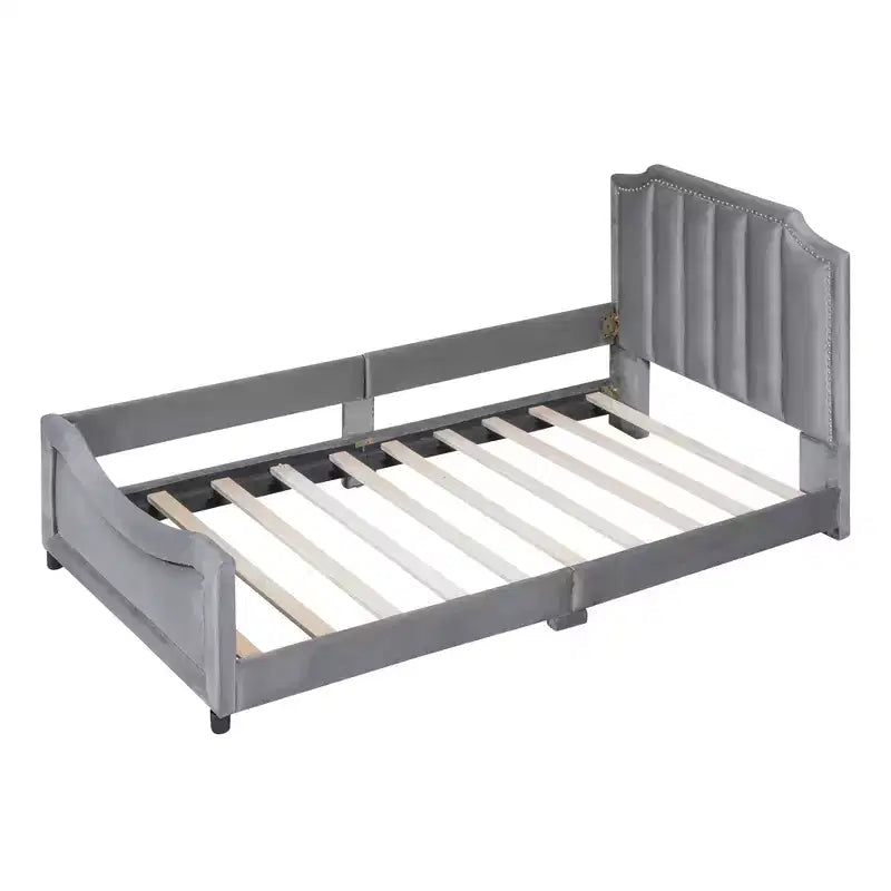 Twin Size Upholstered Daybed with Stripe Shaped Headboard, Velvet Twin Daybed for Bedroom