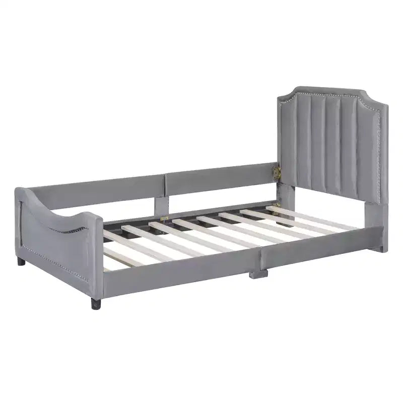 Twin Size Upholstered Daybed with Stripe Shaped Headboard, Velvet Twin Daybed for Bedroom