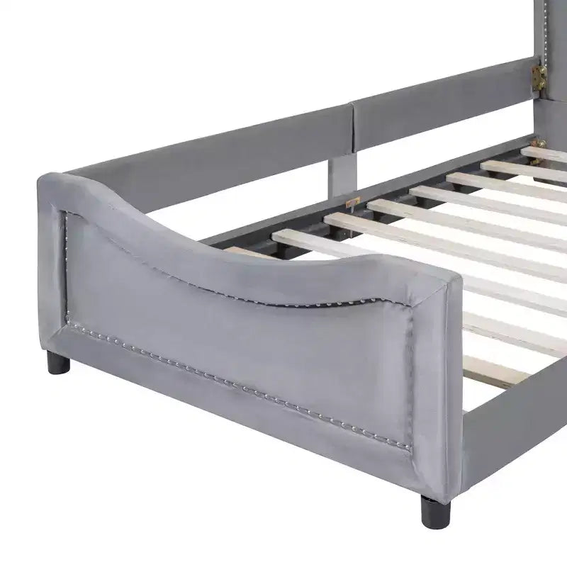 Twin Size Upholstered Daybed with Stripe Shaped Headboard, Velvet Twin Daybed for Bedroom