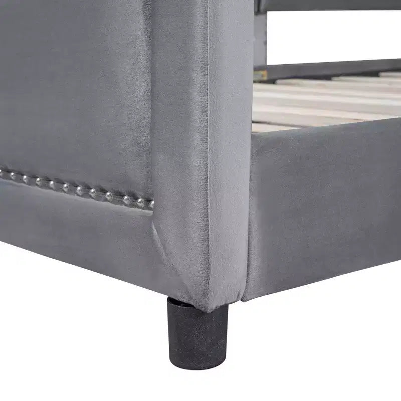 Twin Size Upholstered Daybed with Stripe Shaped Headboard, Velvet Twin Daybed for Bedroom