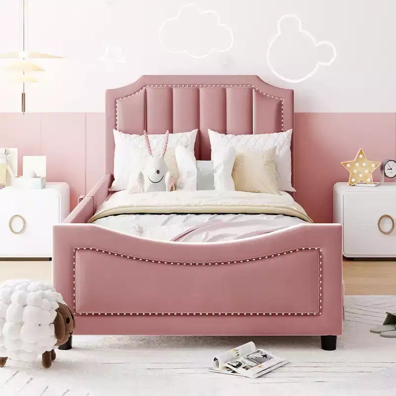 Twin Size Upholstered Daybed with Stripe Shaped Headboard, Velvet Twin Daybed for Bedroom