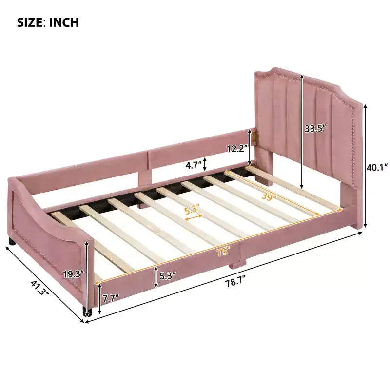 Twin Size Upholstered Daybed with Stripe Shaped Headboard, Velvet Twin Daybed for Bedroom