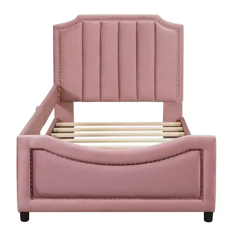 Twin Size Upholstered Daybed with Stripe Shaped Headboard, Velvet Twin Daybed for Bedroom