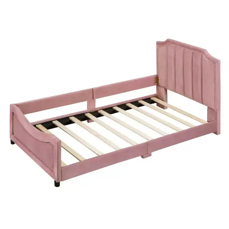 Twin Size Upholstered Daybed with Stripe Shaped Headboard, Velvet Twin Daybed for Bedroom