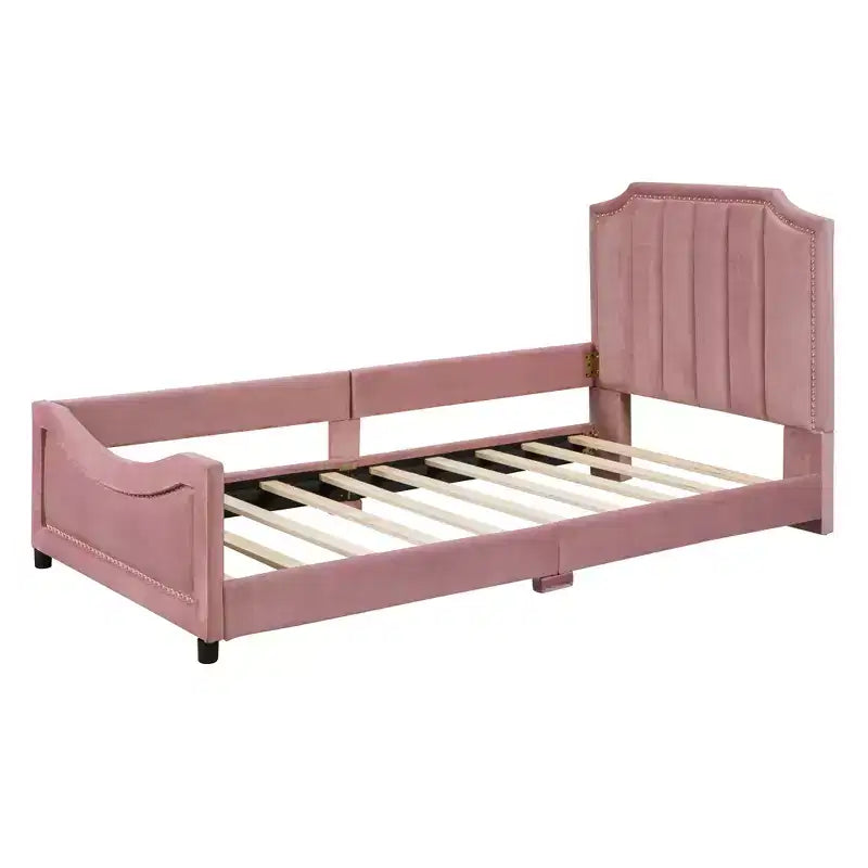 Twin Size Upholstered Daybed with Stripe Shaped Headboard, Velvet Twin Daybed for Bedroom