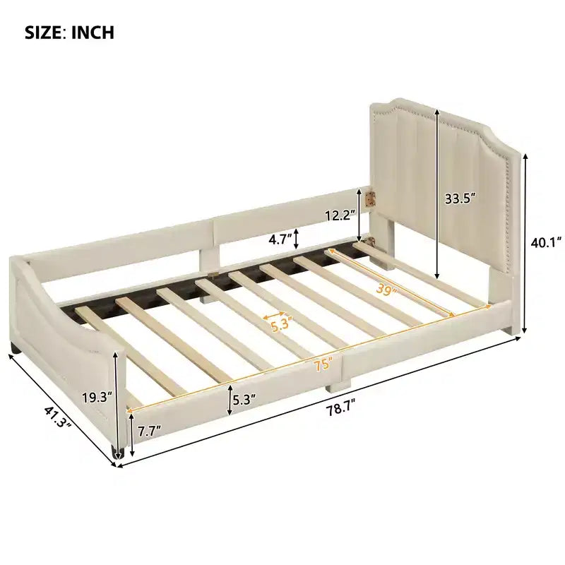 Twin Size Upholstered Daybed with Stripe Shaped Headboard, Velvet Twin Daybed for Bedroom
