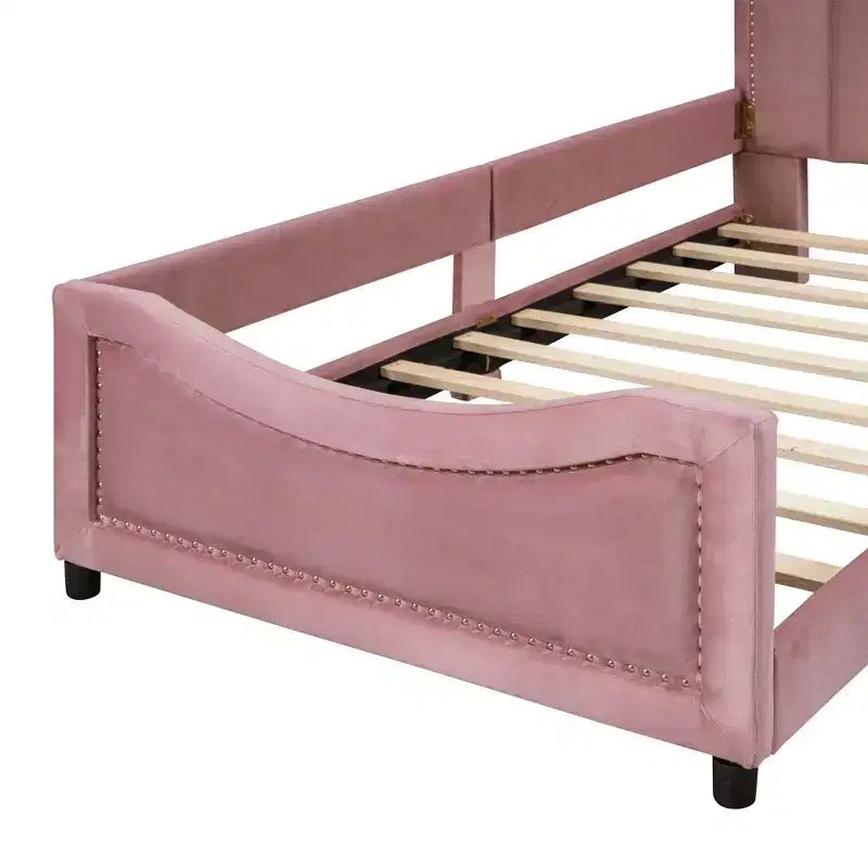 Twin Size Upholstered Daybed with Stripe Shaped Headboard, Velvet Twin Daybed for Bedroom