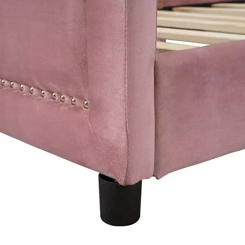 Twin Size Upholstered Daybed with Stripe Shaped Headboard, Velvet Twin Daybed for Bedroom