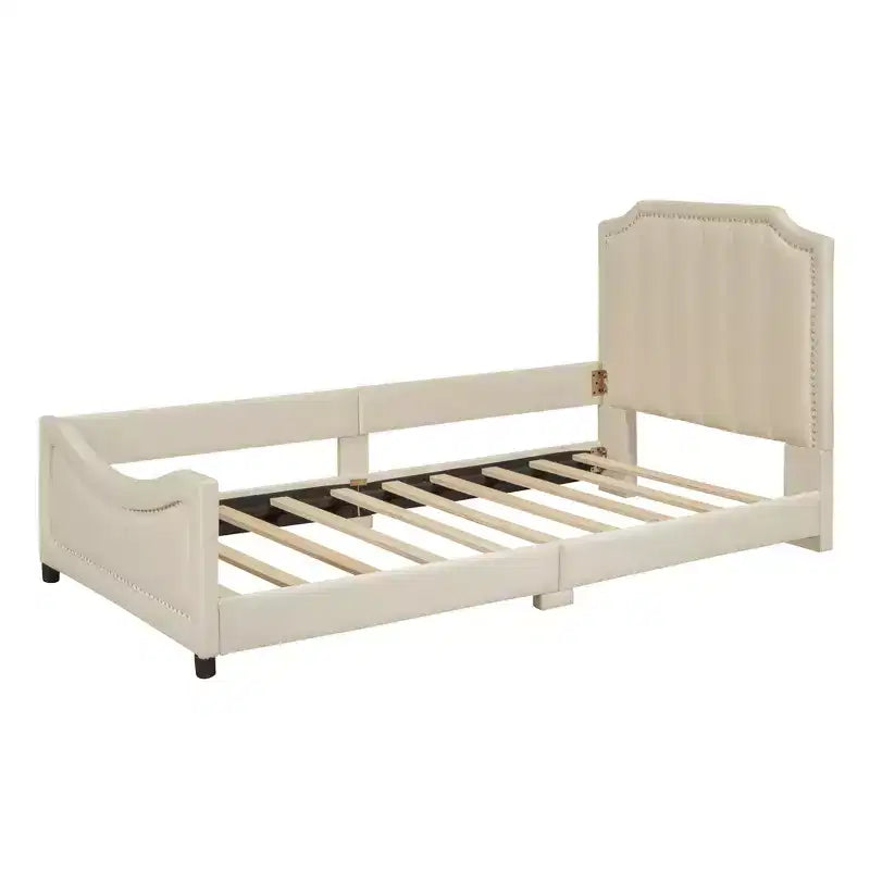 Twin Size Upholstered Daybed with Stripe Shaped Headboard, Velvet Twin Daybed for Bedroom