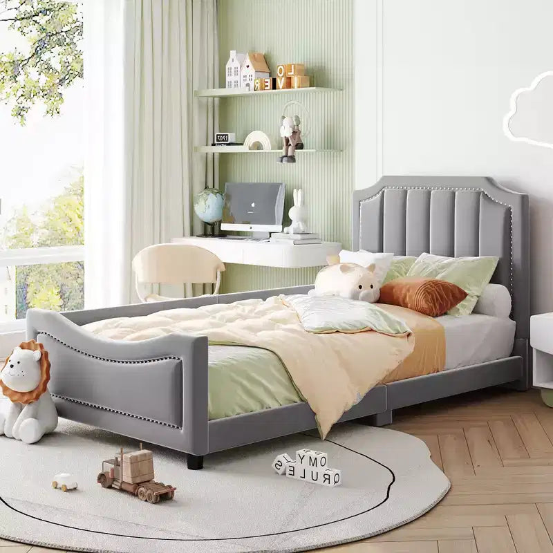 Twin Size Upholstered Daybed with Stripe Shaped Headboard, Velvet Twin Daybed for Bedroom