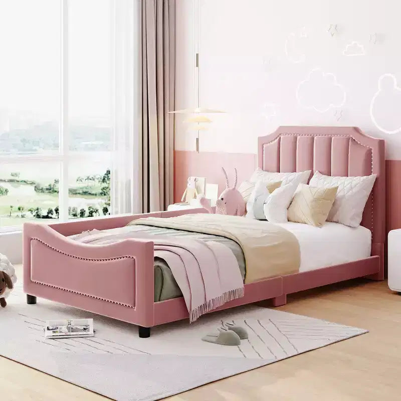 Twin Size Upholstered Daybed with Stripe Shaped Headboard, Velvet Twin Daybed for Bedroom
