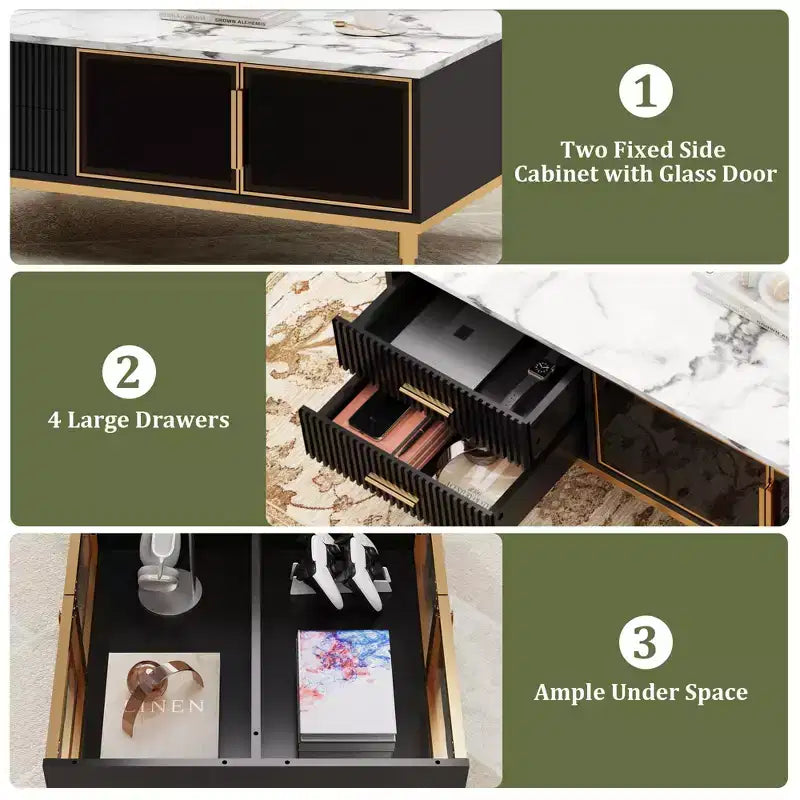Faux Marble Coffee Table Modern - 4 Drawers & Glass Doors Storage, Sliding Cabinet + Hidden Compartment/Shelf for Living Room/Reception Room