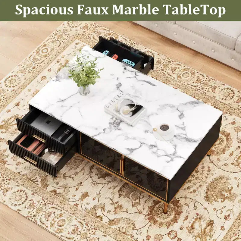 Faux Marble Coffee Table Modern - 4 Drawers & Glass Doors Storage, Sliding Cabinet + Hidden Compartment/Shelf for Living Room/Reception Room