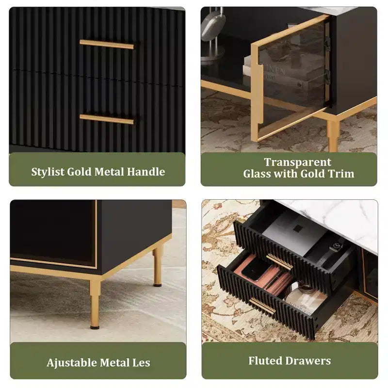 Faux Marble Coffee Table Modern - 4 Drawers & Glass Doors Storage, Sliding Cabinet + Hidden Compartment/Shelf for Living Room/Reception Room